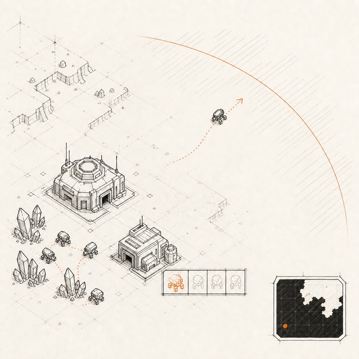 An ink-and-amber blueprint of a remembered strategy game: a base with a production queue, workers among crystals, and a lone scout walking into the fog of war under a closing amber arc
